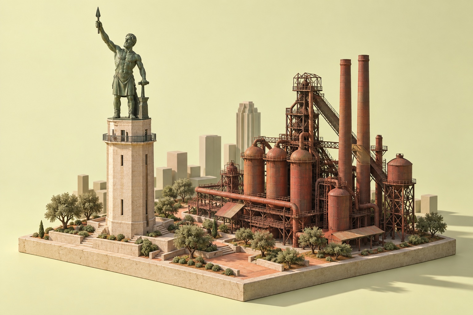 Sculptural illustration of Birmingham’s Vulcan statue and Sloss Furnaces in limestone, olive and terracotta